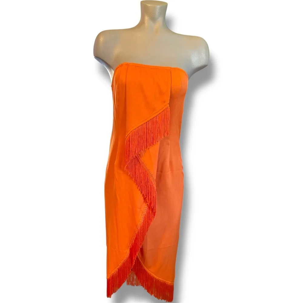 PrettyLittleThing Orange Fringed Strapless Midi Dress Size 4